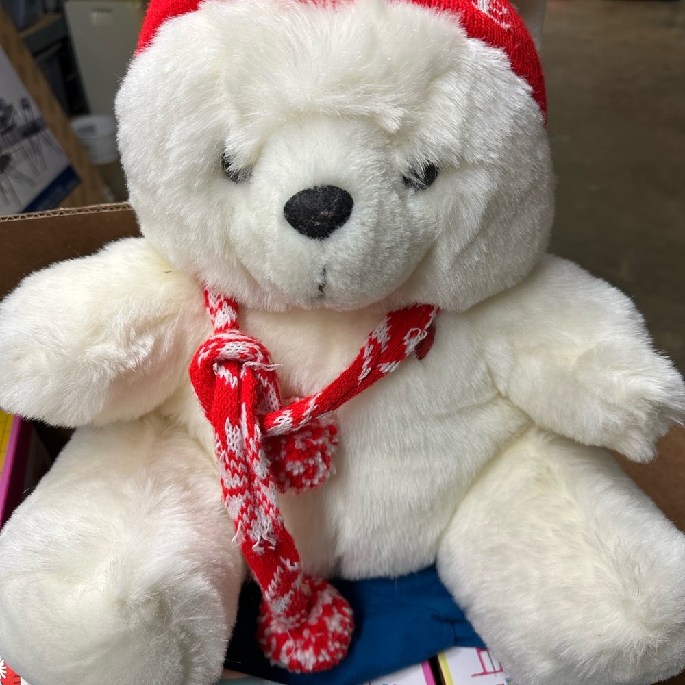 White Plush belkie Teddy Bear with Red Hat and Scarf